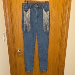 AKIRA Dark Blue Skinny Jeans with Silver Beaded Fringe
